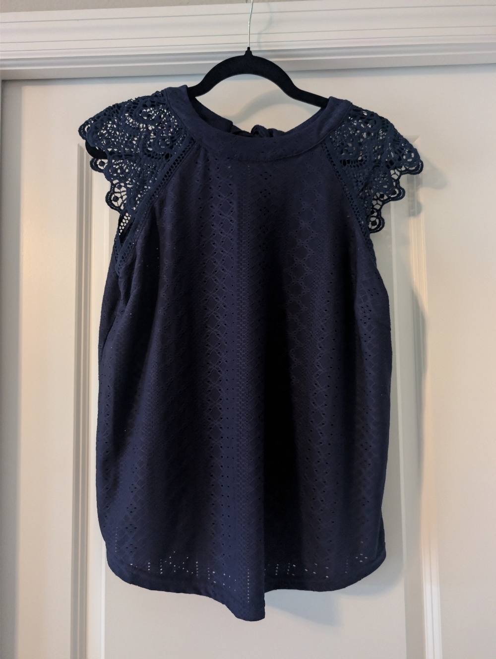 Navy Eyelet Lace Sleeve Shell Top